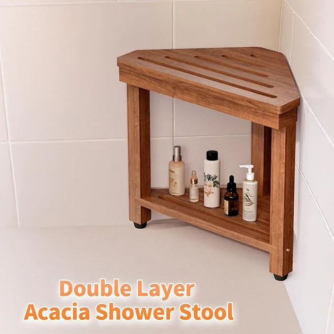 Shower Foot Rest 15 in, Acacia Shower Stool for Shaving Legs,Corner Bath Shower Bench with Starage Shelf for Inside Small Shower Spaces - ModernBath