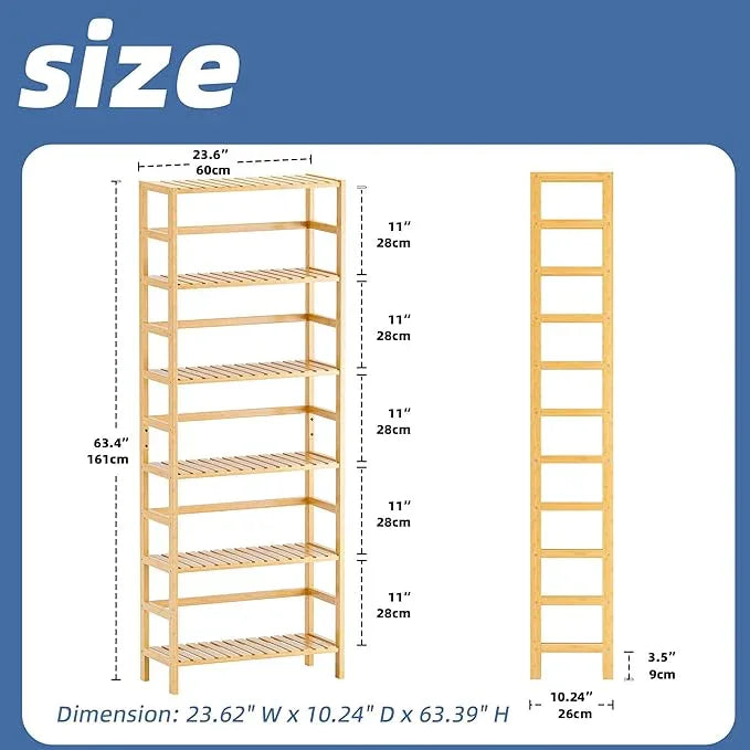 HITNET Bamboo Shelf, 6-Tier Adjustable Tall Open Bookcase, Bathroom Storage Rack Freestanding Shelving Unit, Plant Display Stand for Small Space, Natural - ModernBath