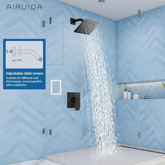 Airuida Shower Faucet Set Bathroom Rain Shower System SUS304 Stainless Steel Single Handle With Male Threads Rough-in Valve Shower Trim Kit 6 Inch Wall Mount Shower Head Matte Black - ModernBath