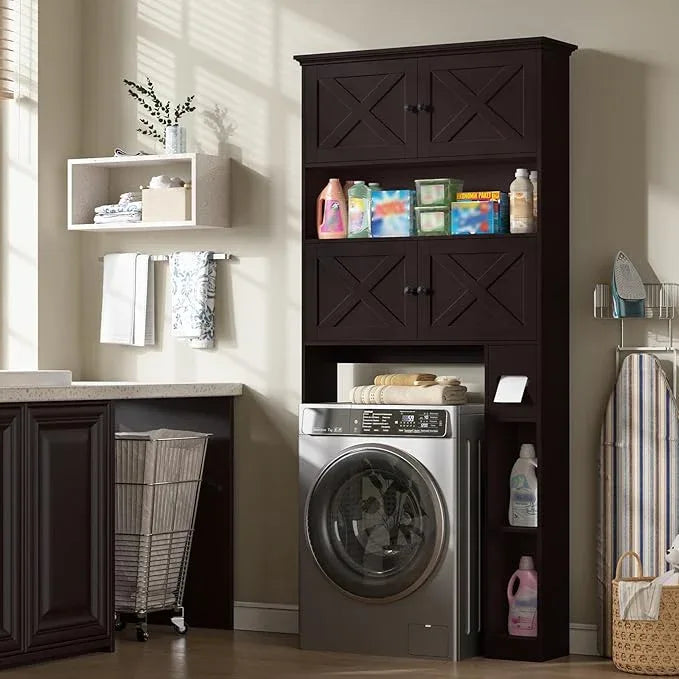 Over The Toilet Storage Cabinet, Farmhouse Storage Cabinet Over Toilet with 4 Barn Doors & Toilet Paper Holder Stand, Espresso Toilet Shelf Home Space Saver for Restroom, Bathroom, Laundry - ModernBath