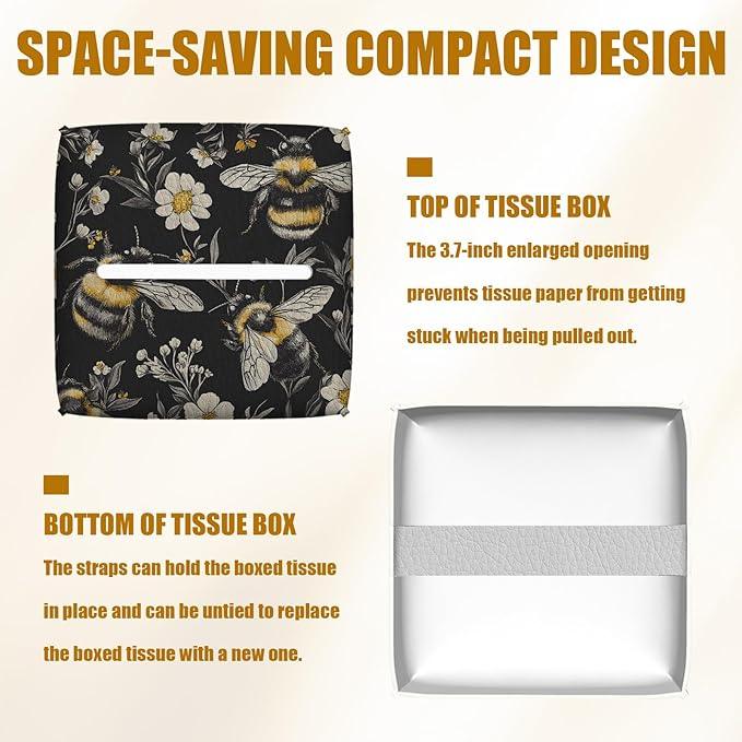 Honeybee White Daisy Tissue Box Cover 2PCS, Leather Tissue Box Holder Square Facial Paper Case Tissue Box Cube Organizer for Bathroom Bedroom Desk Office - ModernBath