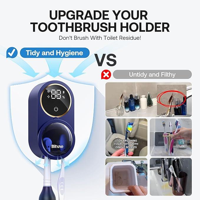 Bitvae Upgraded Tooth Brush Holder for Bathroom 2.0, Infrared Sensing Toothbrush Cleaner, Wall-Mounted for Most Size Toothbrushes, Air Drying, LED Smart Screen, Navy Blue - ModernBath