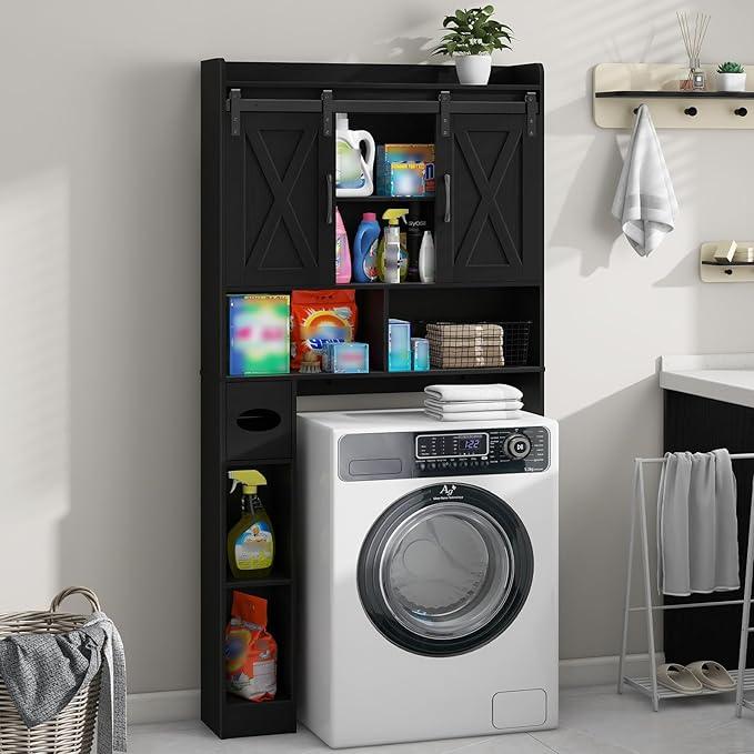Vabches Over The Toilet Storage Cabinet, Farmhouse Storage Cabinet Over Toilet with Sliding Doors & Toilet Paper Holder Stand，Home Space-Saving Toilet Rack, for Bathroom, Laundry and Restroom.Black - ModernBath