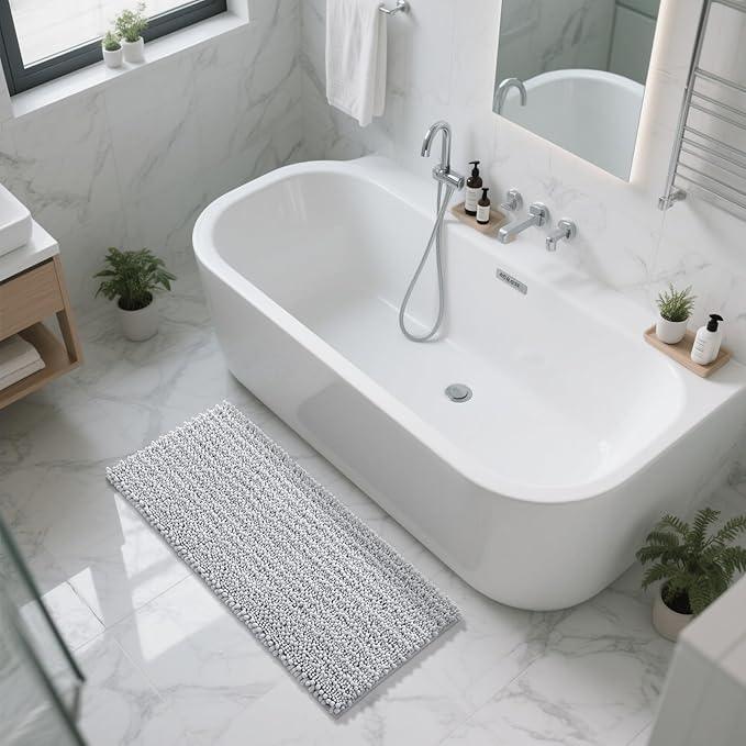 Yimobra Long Bathroom Rugs Non Slip Washable 44x24 Inch - Ultra Soft Absorbent Chenille Bath Mat, Quick Dry Shaggy Floor Carpet for Tub Shower, Silver Home Decor Accessories - ModernBath