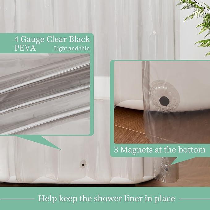 Mrs Awesome Clear Black Shower Curtain Liner with 3 Magnets, 72x72 Premium Flexible Sturdy Plastic Shower Curtain for Bathroom Lightweight & Waterproof, Clear Black - ModernBath
