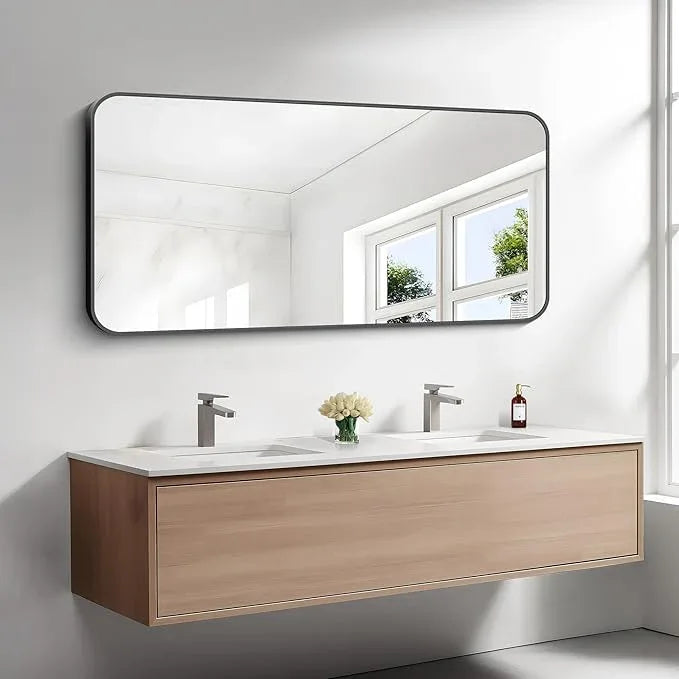 BONEWEI 24x48 inch Bathroom Mirror,Black Rectangle Mirror,Wall Mounted Bathroom Frame Vanity Mirror with Round Corner for Bedroom Living Room, Entryway Hangs Horizontal or Vertical - ModernBath