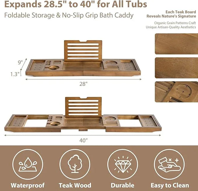 Realgulf Bamboo Bathtub Tray Caddy - Splash-Proof Adjustable (28.5-40") with Wine Holder, Tablet Stand & Non-Slip Grip | Spa-Grade Organizer for Bath Essentials & Reading- Walnut - ModernBath