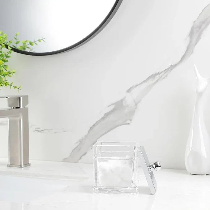 Indecor Home Apothecary Glass Cotton Jar Holder Silver Stainless Steel Lid, Elegant Bathroom Storage Canister for Qtips, Cotton Balls, Floss, Makeup Organizer, Vanity Bathroom Organization - ModernBath