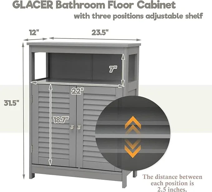 GLACER Bathroom Floor Cabinet, Wooden Storage Cabinet with Double Shutter Doors & 3-Position Adjustable Shelf, Side Storage Organizer Cabinet, 23.5 x 12 x 31.5 inches (Grey) - ModernBath