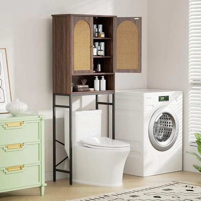 Rattan Toilet Storage Cabinet, Over The Rack Wood Cabinet with Metal Stand, Bathroom Organizer with Adjustable Shelf, Space Saving Cupboard for Small Bathrooms, Washer Shelf, Dark Brown - ModernBath