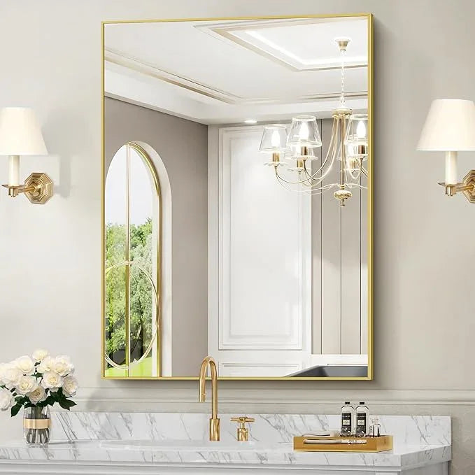 COFENY 30x40In Gold Bathroom Mirror for Wall, Brushed Gold Rectangle Mirrors with Metal Frame, Bathroom Rectangular Mirror Modern Wall Mirror for Bedroom Living Room, Hangs Horizontal or Vertical - ModernBath