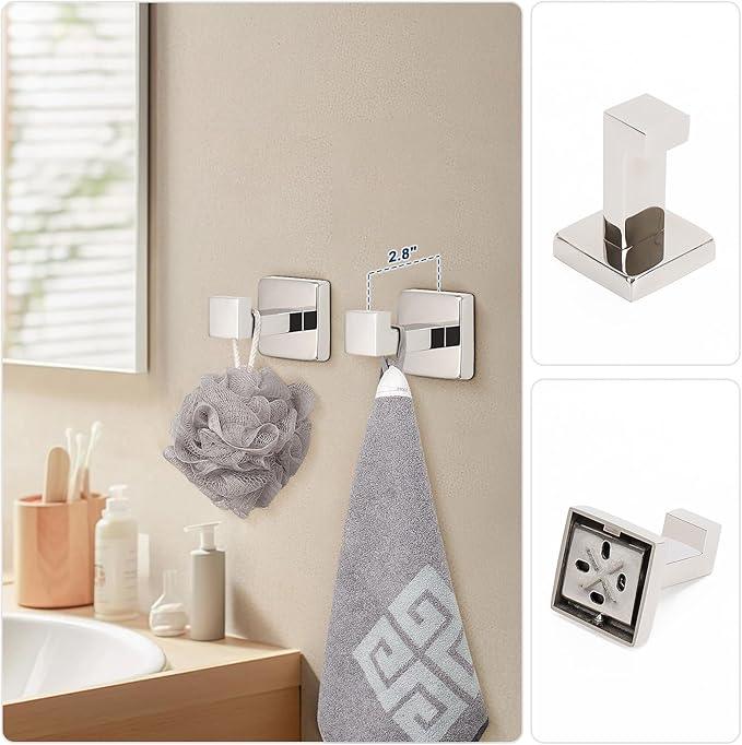 NearMoon 5 Pieces Bathroom Hardware Set 304 Stainless Steel, Square Towel Rack Kit - 24" Towel Rod + Towel Ring + Toilet Paper Holder + 2 Robe Hooks, Wall Mounted Bath Accessories (Chrome Finish) - ModernBath
