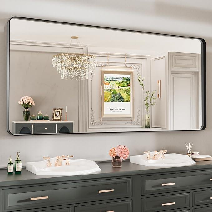 LOAAO 77X36 Inch Black Metal Framed Bathroom Mirror for Wall, Matte Black Bathroom Vanity Mirror Farmhouse, Large Rounded Rectangle Mirror, Anti-Rust, Tempered Glass, Hangs Horizontally or Vertically - ModernBath