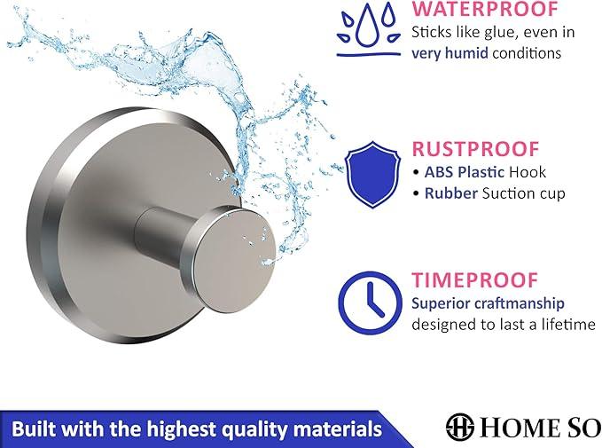 HOME SO Suction Cup Hooks for Shower, Bathroom, Kitchen, Glass Door, Mirror, Tile – Loofah, Towel, Coat, Bath Robe for Hanging up to 15 lbs – Polished Matte Chrome, Brushed Nickel (2-pack) - ModernBath