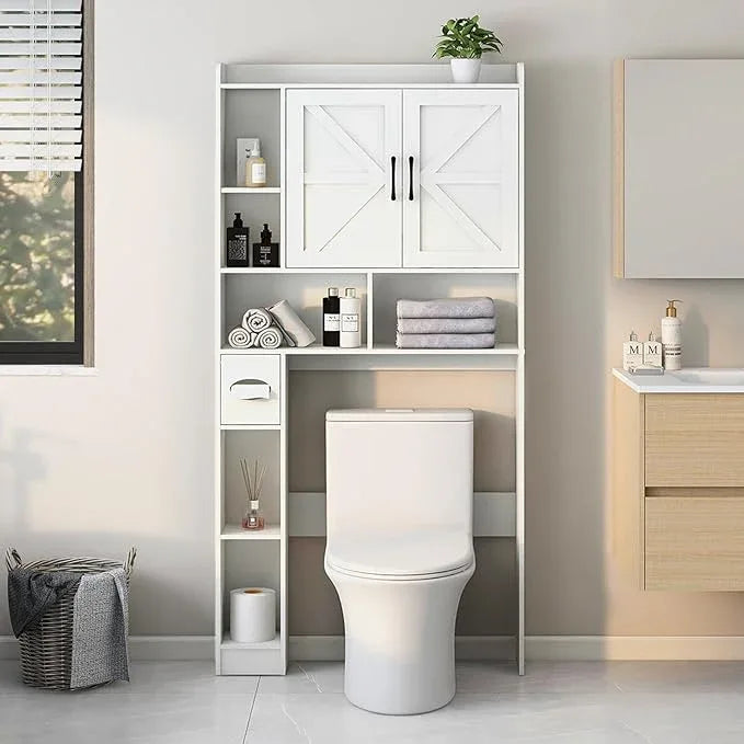 Over The Toilet Storage Cabinet, Farmhouse Storage Cabinet Over Toilet with 2 Barn Door & Toilet Paper Holder Stand, Home Space-Saving Rack, for Bathroom, Restroom (White). - ModernBath