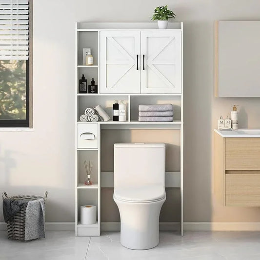 Over The Toilet Storage Cabinet, Farmhouse Storage Cabinet Over Toilet with 2 Barn Door & Toilet Paper Holder Stand, Home Space-Saving Rack, for Bathroom, Restroom (White). - ModernBath