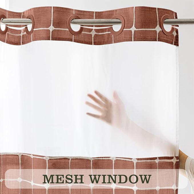 Farmhouse Shower Curtain with Snap-in Liner, No Hooks Needed Fabric Shower Curtains with Tassels for Rustic Bathroom Decor, with Window,with Magnets,Water Repellent&Machine Washable,Orange,71x74Inch - ModernBath
