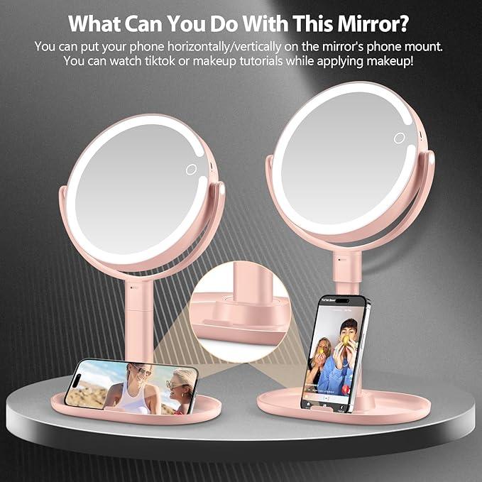 MIYADIVA Makeup Mirror with Lights, 30X Magnifying Mirror with Light and Touch Switch, Vanity Mirror with 3 Color Light and 80 LEDs, Height Adjustable Desk Mirror with Light, Pink - ModernBath