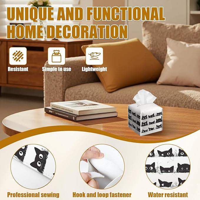 Cute Black Cat Tissue Box Cover 2PCS, Leather Tissue Box Holder Square Facial Paper Case Tissue Box Cube Organizer for Bathroom Bedroom Desk Office - ModernBath