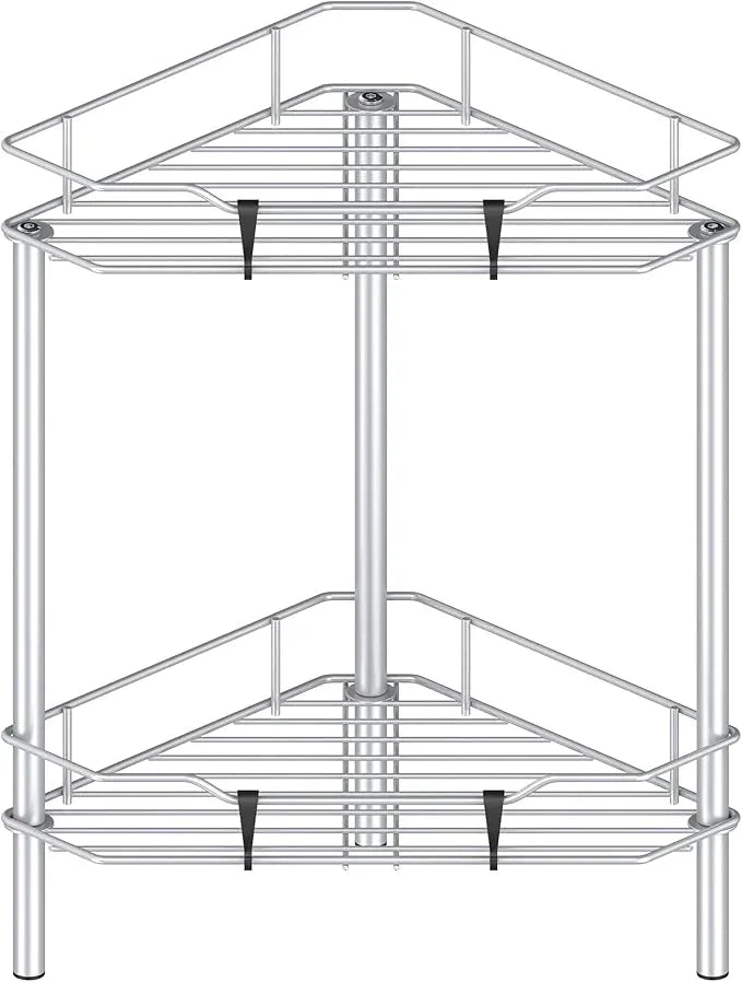2 Tier Floor Standing Corner Shower Caddy Organizer Shelf with Hooks, Bathroom Shelves Stand Rack, Silver - ModernBath