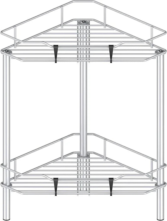 2 Tier Floor Standing Corner Shower Caddy Organizer Shelf with Hooks, Bathroom Shelves Stand Rack, Silver - ModernBath
