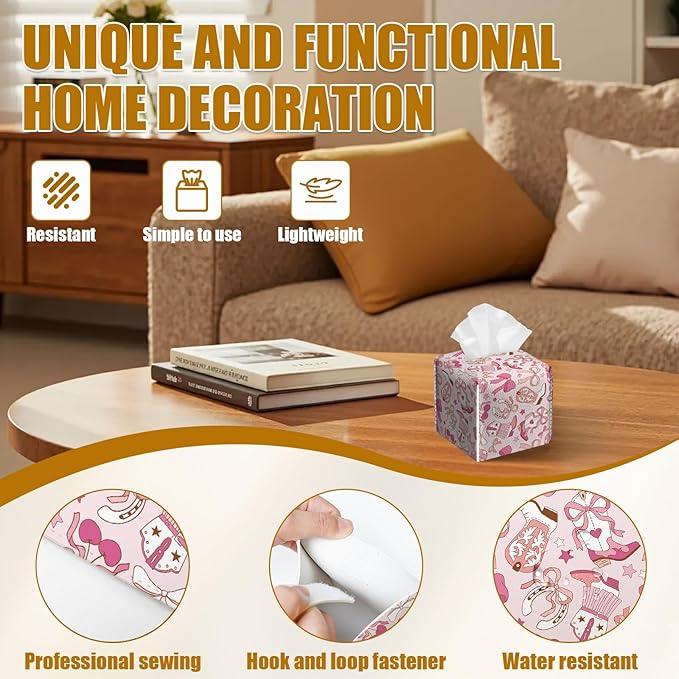 Western Cowgirl Tissue Box Cover 2PCS, Leather Tissue Box Holder Square Facial Paper Case Tissue Box Cube Organizer for Bathroom Bedroom Desk Office - ModernBath