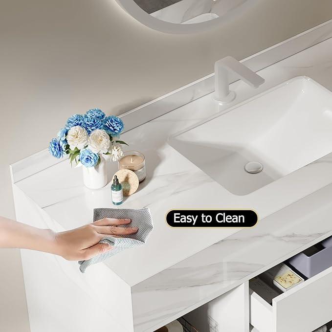 homary 35.4" Floating Bathroom Vanity Set, Modern Wall-Mounted Vanity Bathroom Medicine Cabinet with Sintered Stone Countertop, Undermount Sink & White, 2 Open Storage Shelves - ModernBath