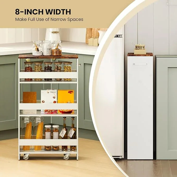 Small Kitchen Cart, 4-Tier Slim Rolling Island w/Handle, Laundry Room Storage Organizers Between Washer and Dryer, Narrow Spice Rack on Wheels Next to Fridge (White & Rustic Brown, 8'') - ModernBath