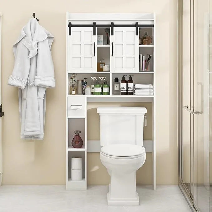 Over The Toilet Storage Cabinet, Farmhouse Storage Cabinet Over Toilet with Sliding Doors，Home Space-Saving Toilet Rack, for Bathroom, Restroom, Laundry,White - ModernBath
