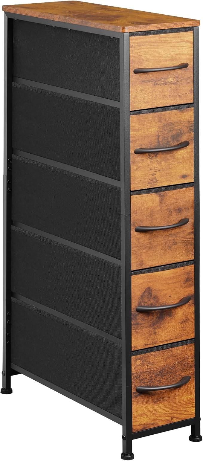 Narrow Dresser Storage Tower with 5 Drawers, Slim Dresser Chest of Drawers with Steel Frame, Wood Top, Dresser for Bedroom, Bathroom, Small Spaces, Laundry, Closet, Rustic Brown - ModernBath