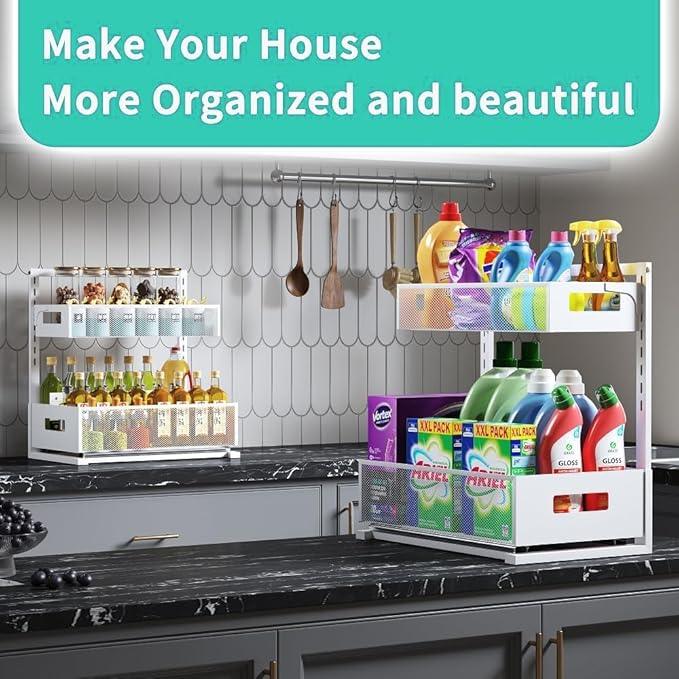 Under Sink Organizer Adjustable Height 2 Tier Bathroom Organizer Pull Out Cabinet Organer kitchen organizers and storage fridge organizers and storage,White,XL-1 Pack - ModernBath