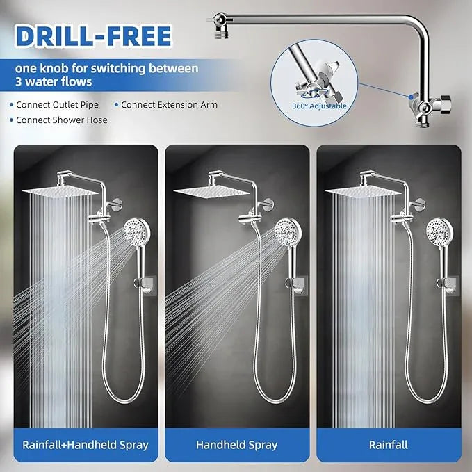 All Metal Shower Head, 10" High Pressure Rainfall/Handheld Shower Combo with 11" Extension Arm, 10-Spray Handheld Showerhead, 71" Long Hose, 3-Way Diverter Valve, Chrome - ModernBath