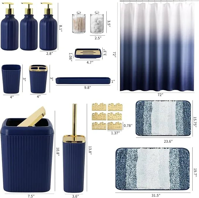 WSBArt 32PCS Bathroom Set Bathroom Sets with Shower Curtain and Rugs Navy Blue Bathroom Accessories,Shower Curtain Set,Bathroom Rug Set with Bathroom Trash Can - ModernBath