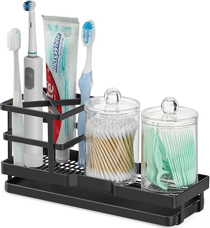 MYITYARD Toothbrush Holders for Bathrooms, Cotton Swabs & Cups Dispenser Set - Metal Electric Tooth Brushing & Toothpaste Countertop Organizer with Drainage for Shower, Sink - Black - ModernBath