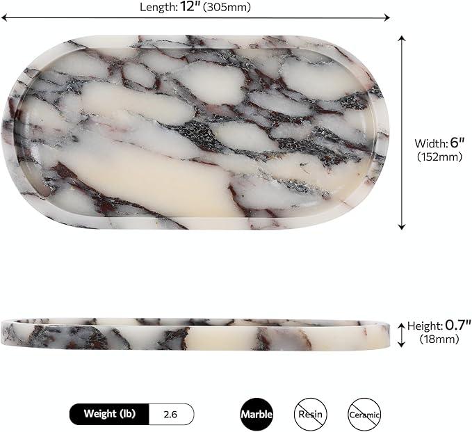 Faticdorr Marble Tray, 2 Pcs, Marble Vanity Tray, Bathroom, Decor for Trinket Perfume Jewelry Candle, White Marble Purple Veins, 12 Inch Oral - ModernBath