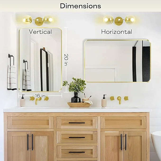 Minuover Wall Mount Mirror for Bathroom, Brushed Gold Metal Framed Rounded Corner Rectangular Vanity Mirror (16" x 20", Gold) - ModernBath