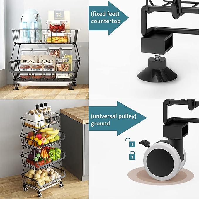 Metal Wire Baskets with Wheels, Stackable Storage Bins Kitchen Organizer Shelf 3-4-5-6 Tier Fruit Vegetable Cart Dishes Seasonal Rack Shelves for Garage, Pantry, Bathroom - ModernBath