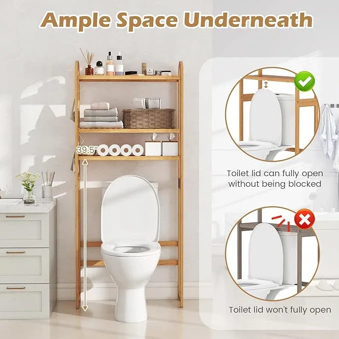 Tangkula Bamboo Over The Toilet Storage, 3-Tier Over Toilet Organizer Rack with 5-Position Adjustable Shelves, 3 Hooks, Adjustable Bottom Bar, Laundry Room Shelf, 28.5" Wide Bathroom Space Saver - ModernBath