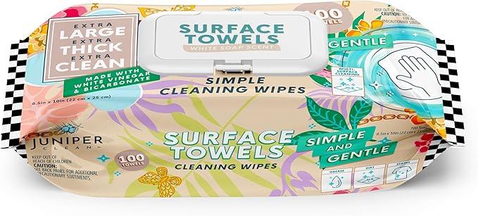 Juniper CLEAN Single Surface Cleaning Wipes, Thick & Large Dispose, All-Purpose Cleaner for Bathroom, Kitchen, Office, 100 Count Soft Flow, Biodegradable, White Soap Scent - ModernBath
