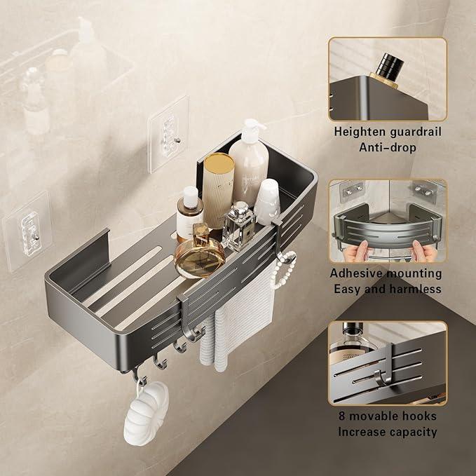 VOLPONE Corner Shower Caddy Adhesive Shower Shelf Corner No Drilling Bathroom Shower Organizer Storage Rack Rust-proof with Towel Bar (2-Pack, Gray) - ModernBath
