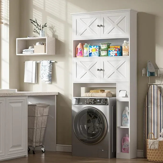 Over The Toilet Storage Cabinet, Farmhouse Storage Cabinet Over Toilet with 4 Barn Doors & Toilet Paper Holder Stand, White Toilet Shelf Home Space Saver for Restroom, Bathroom, Laundry - ModernBath