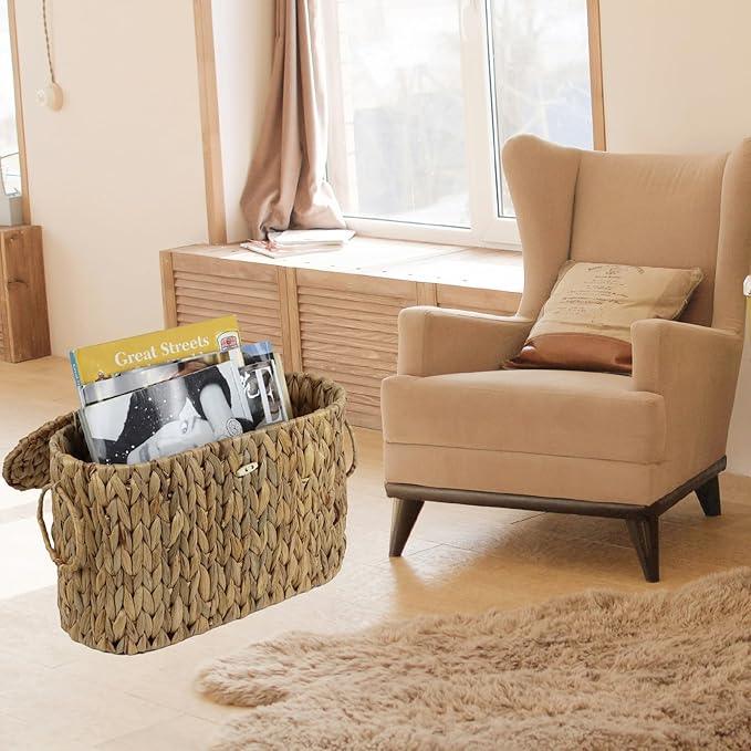 Toilet Paper Storage Basket with Lid, Water Hyacinth Slim Toilet Paper Holder - Holds Up to 6 Mega Rolls, Wicker Basket for Bathroom Accessories Decor Organizer - ModernBath