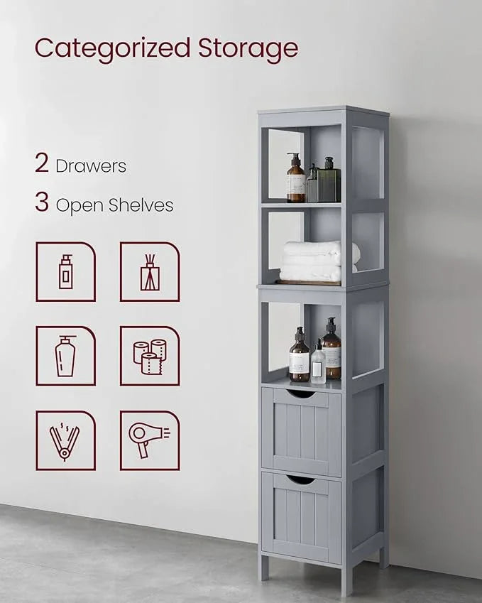 VASAGLE Storage Cabinet, Storage Organizer Rack Stand for Bathroom, Living Room, Bedroom, Multifunctional Corner Unit, 2 Drawers, 55.7 Inches in Height, Dove Gray UBBC066G02 - ModernBath