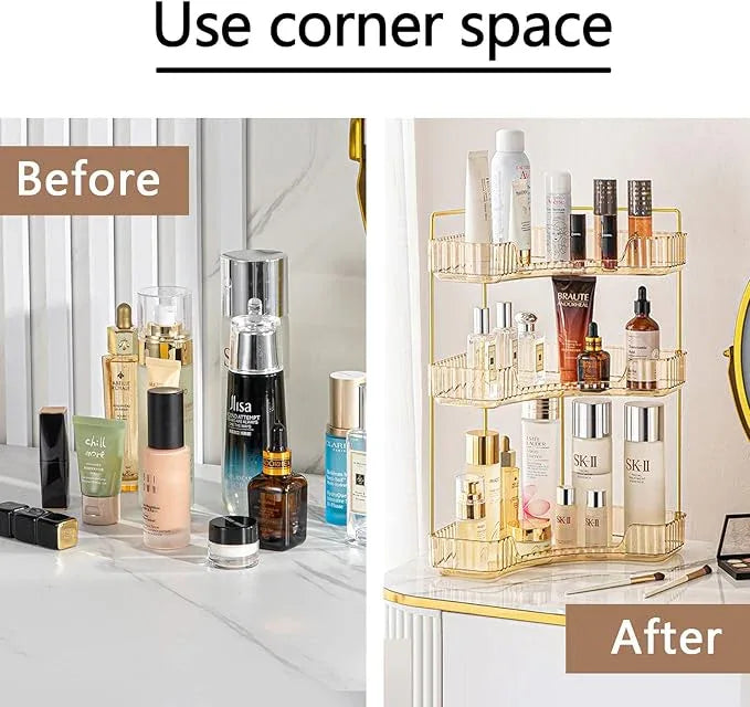 shuang qing 3-Tier Corner Bathroom Counter Organizer – Classic Storage Shelf for Makeup, Perfume & Toiletries, Space-Saving Countertop Tray Fits Bathroom, Dresser, Kitchen (Vintage Gold) - ModernBath