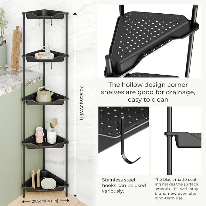 ODesign 5 Tier Floor Standing Corner Shower Caddy Organizer, Plastic Metal Floor Corner Shelf Storage Rack for Bathroom Black- Rustproof - ModernBath