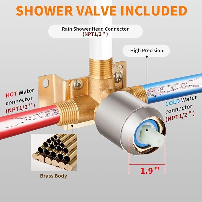 Brushed Nickel Shower Faucet Single Function Trim Kit with Rough-in Valve Set Bath Rainfall Shower System 8inch Square Stainless Steel Metal Shower Head - ModernBath