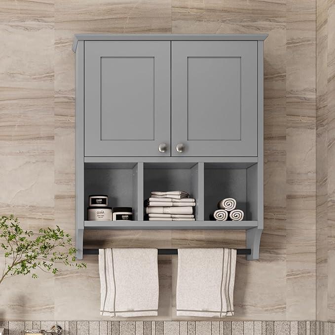Medicine Cabinets, Bathroom Cabinet Wall Mounted 2-Door with 3 Open Shelves, Over The Toilet Storage Cabinet with Towels Bar for Toilet, Bathroom (Grey) - ModernBath