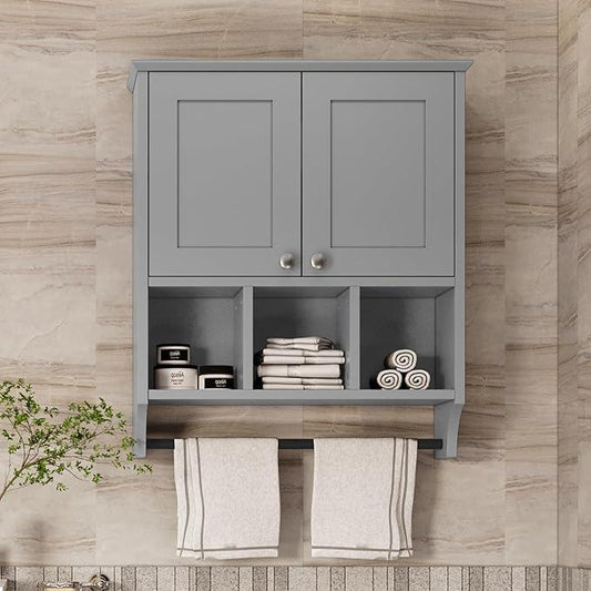 Medicine Cabinets, Bathroom Cabinet Wall Mounted 2-Door with 3 Open Shelves, Over The Toilet Storage Cabinet with Towels Bar for Toilet, Bathroom (Grey) - ModernBath