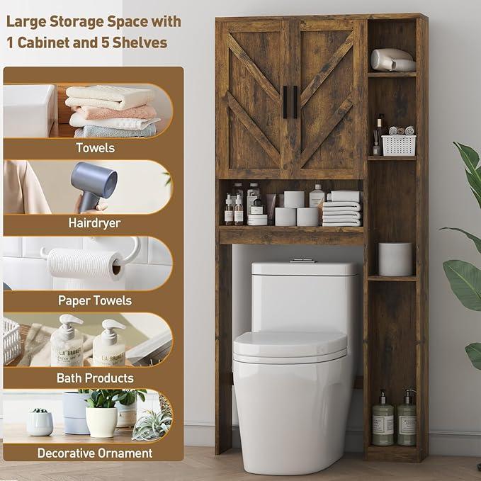 Over The Toilet Storage Cabinet with 7 Storage Shelves, Above Toilet Bathroom Organizer with Toilet Paper Holder Stand, Behind Toilet Cabinet, Space Saver for Restroom, Bathroom, Laundry, Brown - ModernBath