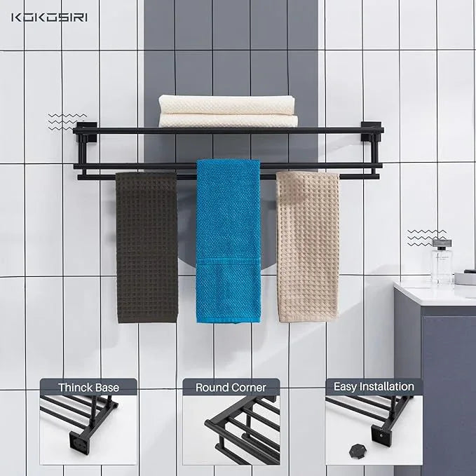 KOKOSIRI Bath Towel Rack with Double Towel Bars 32-Inch Bathroom Towel Shelves Towel Holder Wall Mounted Stainless Steel, Matte Black, B6005BK-L32 - ModernBath